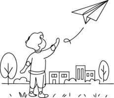 Child Playing with Paper Airplane in Park Line Art Illustration vector