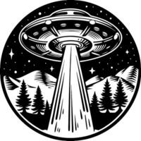UFO Alien Abduction Art in Night Forest with Mountains and Stars vector