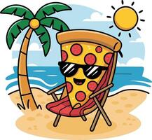 Cartoon Pizza Slice Relaxing on Beach with Sunglasses and Palm Tree Vacation Vibe vector