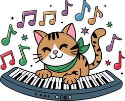 Cute Musical Cat Playing Keyboard with Colorful Notes Illustration vector