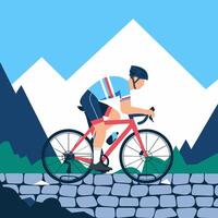 Cyclist on Mountain Stone Path with Scenic Snowy Peaks Art vector