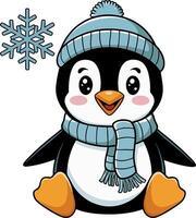 Cute Penguin in Winter Hat and Scarf with Snowflake Illustration vector