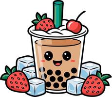 Cute Kawaii Bubble Tea with Strawberries Ice Cubes and Smiling Cup Illustration vector
