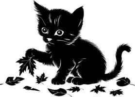 Cute Kitten Playing with Autumn Leaves Illustration vector