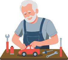 Elderly Man Assembling Toy Car with Tools at Workshop Table Illustration vector
