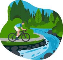 Cyclist Riding Through Scenic Forest Path by River in Summer vector