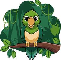 Cute Green Parrot Perching on Branch in Jungle Illustration vector