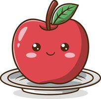 Cute Smiling Red Apple Cartoon Illustration on Plate with Happy Face vector