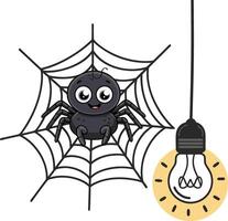 Cute Cartoon Spider in Web with Hanging Light Bulb Illustration vector