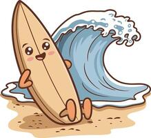 Cute Cartoon Surfboard Character Relaxing on Beach with Ocean Wave Illustration vector