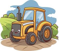 Cute Cartoon Tractor on Farm Field Illustration for Kid-Friendly Designs vector