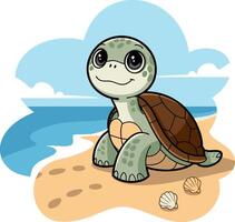 Cute Smiling Cartoon Turtle on Beach with Seashells Art Illustration vector