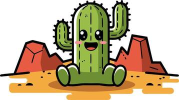 Cute Smiling Cactus Art with Desert Background for Kids Illustrations vector