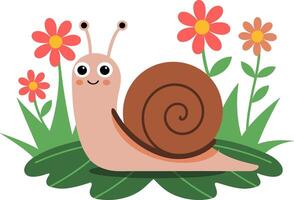 Cute Smiling Snail on Leaf with Colorful Flowers Illustration vector