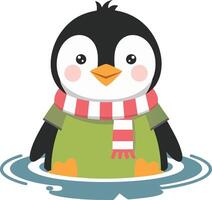 Cute Penguin Wearing Scarf and Sweater Standing in Water Cartoon vector