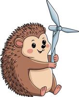 Cute Hedgehog Holding Wind Turbine for Renewable Energy and Environmental Themes vector