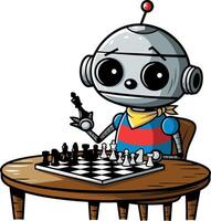 Cute Robot Playing Chess at Wooden Table Illustration for Technology and Strategy Themes vector