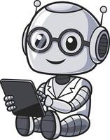 Cute Robot Character with Tablet in Hand Wearing Glasses and Lab Coat Art vector
