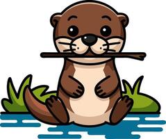 Cute Cartoon Otter Sitting with Stick by Water in Nature Illustration vector
