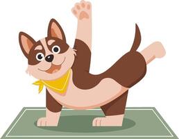 Cute Dog Practicing Yoga on Mat with Wagging Tail and Cheery Expression vector