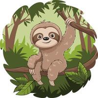 Cute Cartoon Sloth Hanging on Tree in Jungle Illustration Wildlife vector
