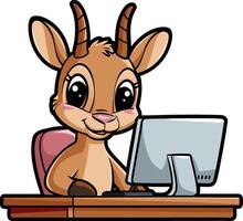 Cute Cartoon Deer Working at Computer Desk Illustration vector