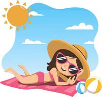 Cute Girl Relaxing on Beach Towel Sunny Day Cartoon Summer Vacation vector