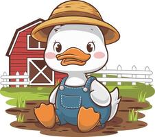 Cute Cartoon Duck in Farm Overalls with Hat in Rural Barnyard vector