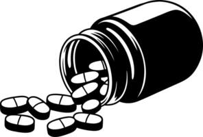 Black Open Pill Bottle with Pills Illustration on Solid Background vector