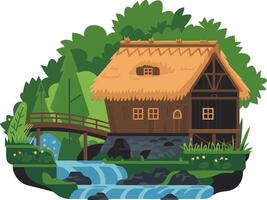 Charming Cottage by Forest Stream with Rustic Bridge in Cartoon Style vector