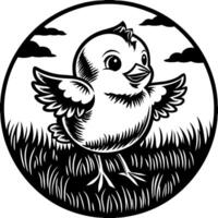 Cute Cartoon Chick Illustration in Grass with Clouds Art vector
