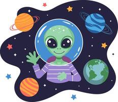 Cute Alien Waving in Outer Space Surrounded by Planets and Stars Illustration vector