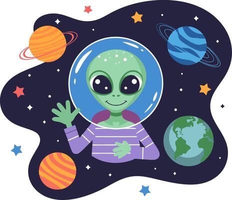 Cute Alien Waving in Outer Space Surrounded by Planets and Stars Illustration