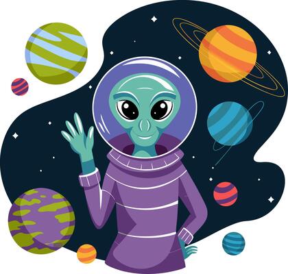 Alien Cartoon Character Waving in Colorful Outer Space with Planets