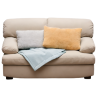 A couch with pillows and blankets on it png