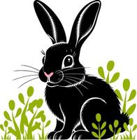 Charming Black Rabbit Among Greenery Illustration for Nature and Wildlife Themes vector