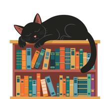 Black Cat Sleeping on Colorful Bookshelf Illustration Cozy Reading Nook vector