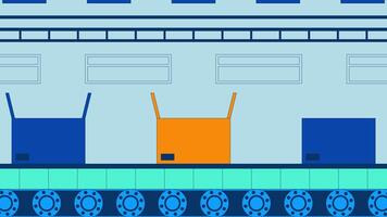 Conveyor belt boxes packing automation cartoon animation. Logistics cardboard box sealing process automatic 4K 2D motion graphic. Assembly operation animated backdrop on manufacturing background video
