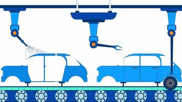 Automotive assembly line cartoon animation. Auto factory 4K motion graphic. Robotics in automobile industry. Car production robotic arms animated 2D scene isolated on white background video