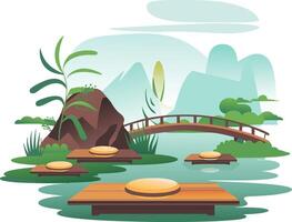 Serene Zen Garden with Bridge and Tranquil Water in Art vector
