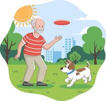 Senior Man Playing Frisbee with Dog in Park Illustration vector