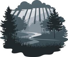 Serene Forest River Scene with Sun Rays Through Trees Illustration vector