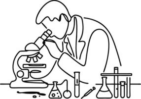 Scientist Examining Through Microscope Line Art for Laboratory Research Illustration vector