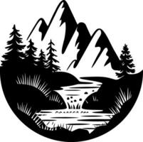 Scenic Mountain River Silhouette with Pines and Peaks Art vector