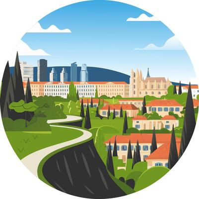 Scenic Cityscape Illustration Modern and Historic Architecture Contrast