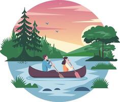 Scenic Sunset Canoeing Adventure on Serene River with Pine Trees and Nature vector