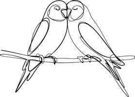 Romantic Bird Line Art Illustration of Two Lovebirds Cuddling on Branch vector
