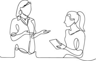 Continuous Line Drawing of Two Women in Discussion with Tablet vector