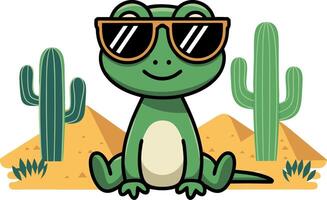 Cool Lizard with Sunglasses in Desert Cactus Illustration vector