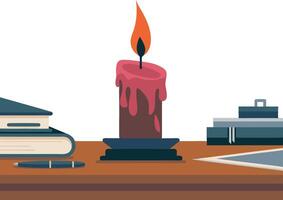 Cozy Desk Setup with Burning Red Candle and Books in Illustration vector